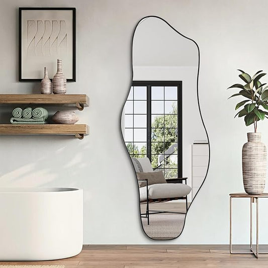 Irregular Frameless Mirror, 60"x24" Large Asymmetrical Tempered Glass Mirror, Modern Organic Shape Mirrors for Living Room Bedroom Hallway Entryway, Hangs Vertically or Horizontally
