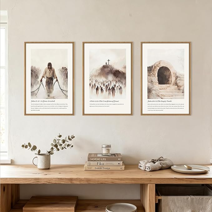 KAIRNE Jesus Christian Framed Canvas Wall Art Set,Neutral Bible Verses Wall Decor,Modern Religious Scripture Art Prints,Christ Cross Empty Tomb Artwork for Living Room,Bedroom,Church,Office-16 x24 x3