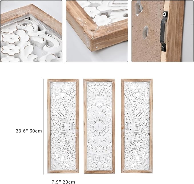 SwallowLiving 3D Layered Mandala Wood Wall Art Set of 3 – 23.6" Large Sacred Geometry Floral Sculptures, Intricately Carved Wood Panels for Meditation Room, Yoga Studio & Boho Decor, Distressed White