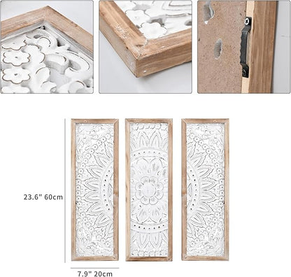 SwallowLiving 3D Layered Mandala Wood Wall Art Set of 3 – 23.6" Large Sacred Geometry Floral Sculptures, Intricately Carved Wood Panels for Meditation Room, Yoga Studio & Boho Decor, Distressed White
