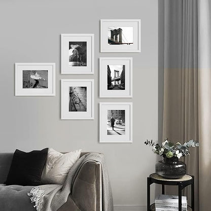 8x10 Picture Frame Set of 6, Display Pictures 5x7 with Mat or 8x10 Without Mat for Tabletop Display and Wall Mounting, White