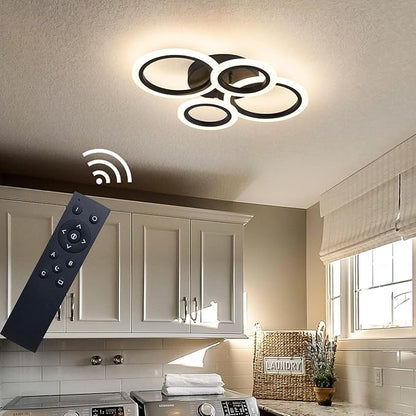 Shine LUEST 34W Modern LED Ceiling Light, 3000K-6000K Dimmable Ceiling Lighting Fixtures Ceiling Mount 4 Rings Black LED Chandelier Bedroom Lights Flush Mount with Remote for Kitchen, 2720LM