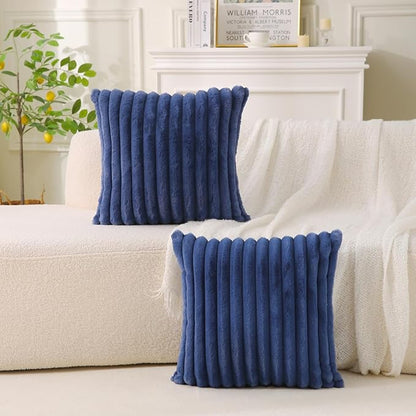 Decorative Throw Pillow with Inserts, Set of 2 Soft Faux Fur Throw Pillows, Square Boho Striped Pillow for Couch, Bed, Sofa Decor (Blue, 18" x 18"(Pack of 2))