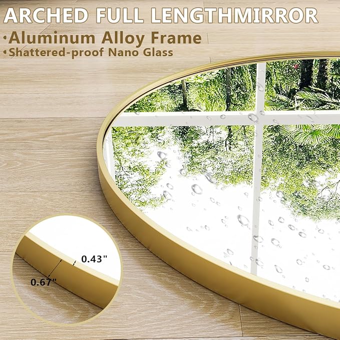 Easly Oversized Full-Body Mirror, 76" x 34" Arched Full-Length Mirror, Gold Metal Frame, Floor Mirror for Bedroom, Living/Dressing Room, Gym - Stand/Wall Mounted/Leaning