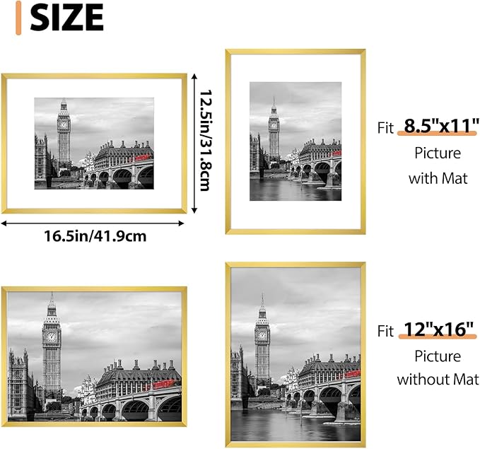 Fixwal 12x16 Poster Frame Set of 6 with Shatter Resistant Plastic Glass, Thin Border and Light Weight Photo Frames for Wall Decor Diamond Art, Gift for Mother's Day, Father's Day, Graduation, Gold