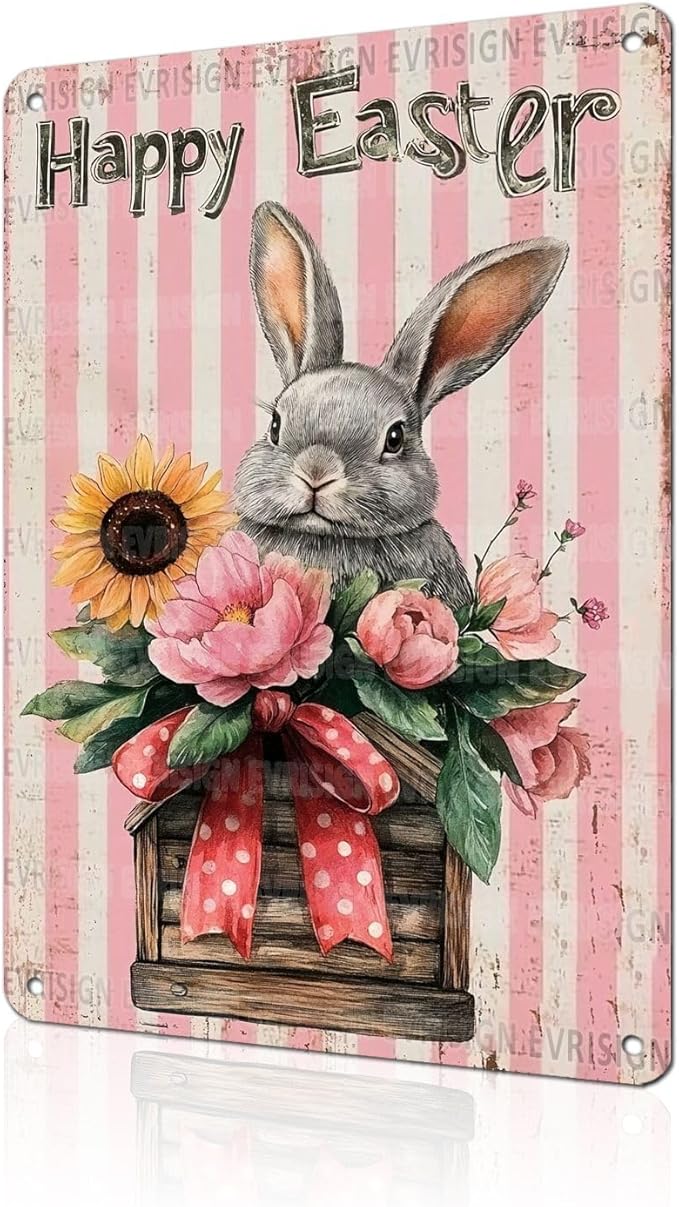 Easter Bunny Flower Basket Metal Tin Sign“Happy Easter” Retro Vintage Art Wall Plaque Spring Decor for Homes, Living Rooms, Gardens 8x12Inch