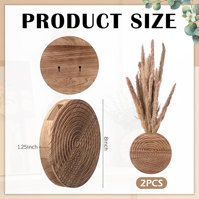 2 Pack Round Wooden Wall Vase Indoor Plants Hanging Boho Modern Farmhouse Wall Art Decor for Living Room, Bathroom Entryway, Hallway Fake Flower Plants