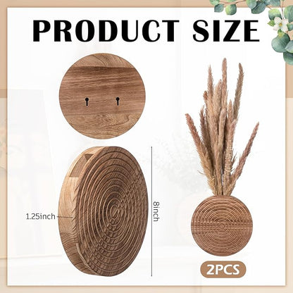 2 Pack Round Wooden Wall Vase Indoor Plants Hanging Boho Modern Farmhouse Wall Art Decor for Living Room, Bathroom Entryway, Hallway Fake Flower Plants