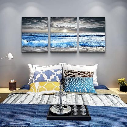 MHARTK66 3 Panel Blue Beach Canvas Wall Art for Home Decor Bedroom Wall painting Sunset White Wave Beach Pictures on Canvas Sea View Canvas Prints Artwork for Wall Decor Living Room Decorations