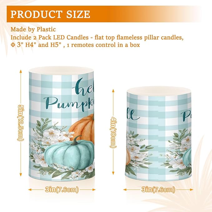 ALAZA Fall Autumn Pumpkins Teal Buffalo Plaid Flickering Flameless Candles Battery Operated with Remote Timer,Tea Light Candles LED Pillar Votive Candles Set of 2 for Outdoor Indoor Decorations