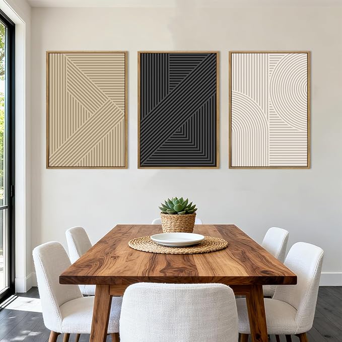 BINCUE Neutral Abstract Wall Art Mid Century Modern Wall Paintings Boho Artwork Geometric Wall Pictures Abstract Black Wall Decor Modern Neutral Art Prints for Living Room Bedroom Bathroom Office 16x24 Inch Set of 3