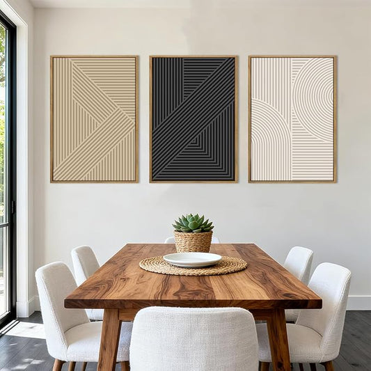 Large Neutral Abstract Wall Art Framed Mid Century Modern Canvas Paintings Artwork Geometric Wall Decor Modern Abstract Artwork Minimalist Art Prints Boho Home Decor for Living Room Bedroom Bathroom Office 36x24 Inch Set of 3