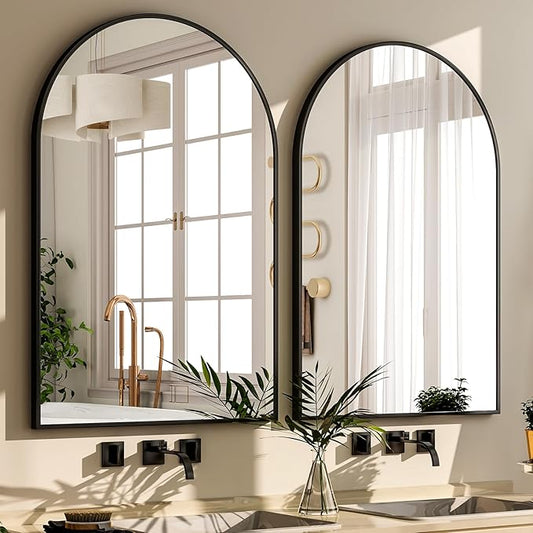 GLSLAND 24“x36” Arched Bathroom Mirror for Wall, Metal Frame Vanity Mirror, Arch Decorative Wall Mirrors for Living Room, Bedroom, Entryway, Mantle Black Dresser Mirror