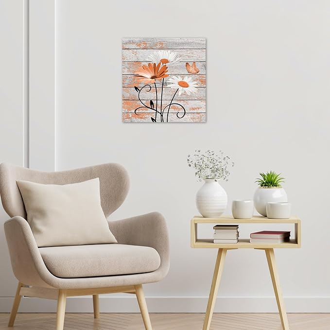 HVEST Farmhouse Orange Floral Wall Art for Living Room, Daisy Flower and Butterfly on Rustic Wood Pictures Wall Decor Nature Plant Framed Canvas Wall Art for Bedroom Bathroom Decor,12L X 12W inches
