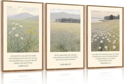 Aurlan Christian Bible Verses Scripture Framed Wall Art(16"x24"), 3PCS Boho Wildflowers Landscape Nature Canvas Artwork, Religious Luke12:27 Psalm46:10 Psalm23:1-2 Jesus Faith Gift Decor for Home Office Bedroom