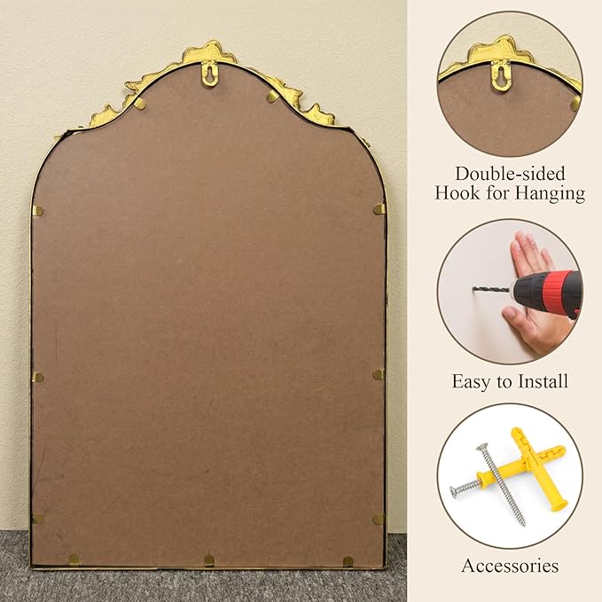 Antique Baroque Vintage Vanity Mirror 22x15Inch, Gold with Ornate Antique Frame, Arched Vintage Wall Mirror for Living Room, Fireplace, Entryway