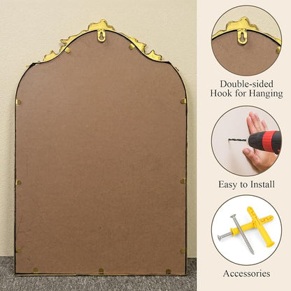 Antique Baroque Vintage Vanity Mirror 22x15Inch, Gold with Ornate Antique Frame, Arched Vintage Wall Mirror for Living Room, Fireplace, Entryway