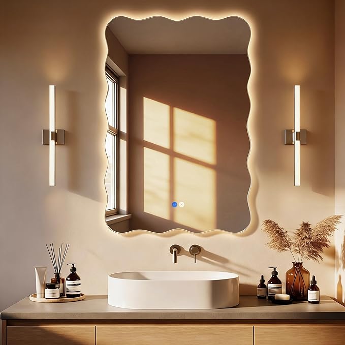 Dorlicecass Wavy Led Bathroom Mirror- Vanity Mirror with Lights IP54 Enhanced Anti-Fog, 20"x30" Single Piece 3 Colors Dimmable, Memory,Tempered Glass,UL Listed