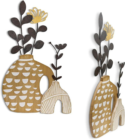 WOPARTY Rustic Metal and Wood Flowers Wall Art, Bohemian Vase with Flower Design, Black and Gold, 16.2x10 Inch, Farmhouse Wall Decor Home Bedroom Dining Room Housewarming