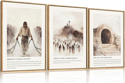 KAIRNE Jesus Christian Framed Canvas Wall Art Set,Neutral Bible Verses Wall Decor,Modern Religious Scripture Art Prints,Christ Cross Empty Tomb Artwork for Living Room,Bedroom,Church,Office-24 x36 x3
