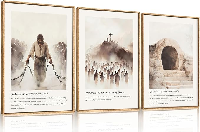 KAIRNE Jesus Christian Framed Canvas Wall Art Set,Neutral Bible Verses Wall Decor,Modern Religious Scripture Art Prints,Christ Cross Empty Tomb Artwork for Living Room,Bedroom,Church,Office-16 x24 x3