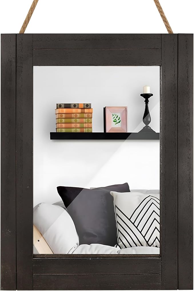 Rectangle Wall Mirror for Bathroom, Distressed White Wood Decor with Hanging Rope for Rustic Home Decor, Vanity, Living Room 12"×16"（Black）