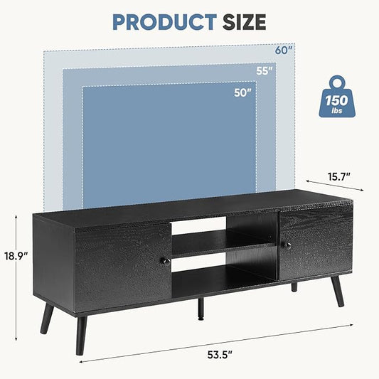 DUMOS TV Stand for 55 60 inch TV, Modern Mid Century Entertainment Center with Storage, Wooden Media Console Table with 2 Cabinets, for Living Room, Bedroom, Black