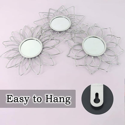 Silver Mirrors for Wall, 9 inch Metal Flower Mirrors Home Valentine Decoration, Valentine Wall Art Decorative Mirror Small Mirror for Living Room Bedroom, Entrance Set of 3