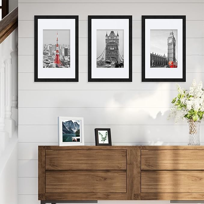 Hongkee 8x12 Black Picture Frames set of 3, Made of Wooden and Glass Photo frame - Displays 6x8 Picture with Mat or 8 x 12 Poster without Mat, Desktop & Wall Collage Frame set