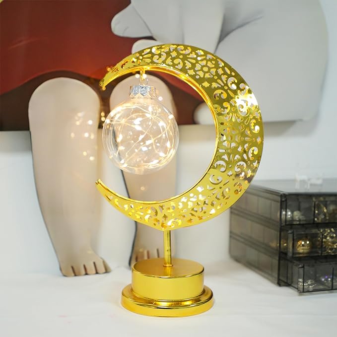 Crescent Moon Table Light with Hanging Star Ramadan Decorative Lamp Battery Operated Suitable for Home Bedroom Shop Dining Holiday Party Eid Festival Decoration (Gmoon-WW-Ball)