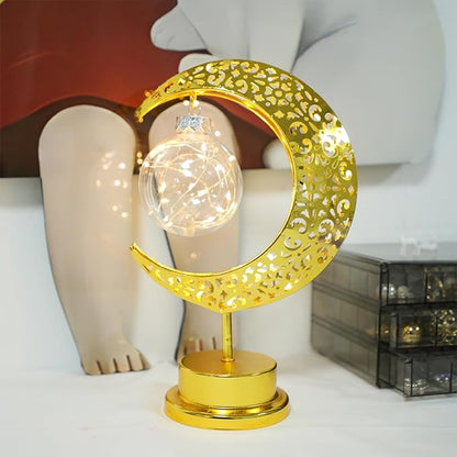 Crescent Moon Table Light with Hanging Star Ramadan Decorative Lamp Battery Operated Suitable for Home Bedroom Shop Dining Holiday Party Eid Festival Decoration (Gmoon-WW-Ball)