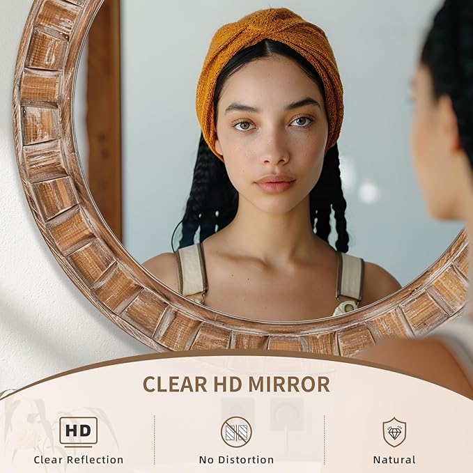 30 Inch Brown Solid Wood Round Wall Mirrors, Decorative Circle Mirror for Bathroom, Bedroom, Living Room, Hallway, Foyer, Entryway