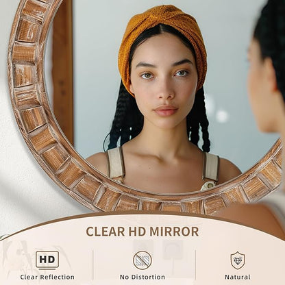 30 Inch Brown Solid Wood Round Wall Mirrors, Decorative Circle Mirror for Bathroom, Bedroom, Living Room, Hallway, Foyer, Entryway