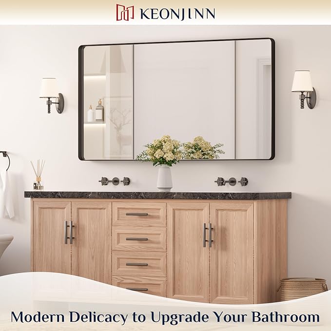 Keonjinn Black Bathroom Mirror, 55” x 30” Rounded Rectangle Sandblasted Finish Bathroom Mirrors for Over Sink, Large Matte Black Vanity Mirror with Seamless Frame, HD Tempered Glass Farmhouse Mirror