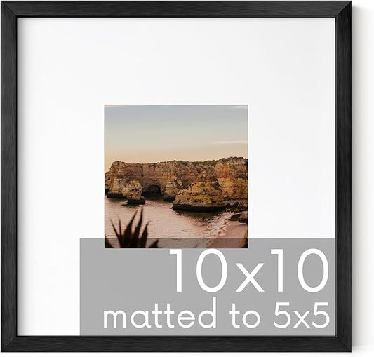 HAUS AND HUES 10x10 Black Metal Picture Frame Matted to 5x5 - Features Premium Aluminum & Hanging Hardware, Shatterproof Plexiglass - Ideal for Home, Room, Office (10x10 in, Black, Set of 1)