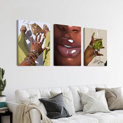 Hianan Black Girl Canvas Wall Art Set of 3, Framed African American Woman Wall Decor, Fashion Black Women Poster Prints, Abstract Black Girl Aesthetic Pictures for Living Room Bedroom 16"x24"