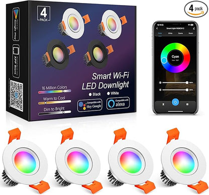 4 Pack 2 Inch Smart Recessed Lighting, 5W WiFi LED Downlight, Dimmable RGB & CCT 2700K-6500K, Compatible with Alexa & Google Home, 120V Recessed Ceiling Light with LED Driver