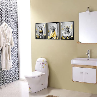 sechars Highland Cow Bathroom Wall Art 3 Piece Funny Bathroom Pictures Canvas Print Grey and Yellow Decor (Yellow)