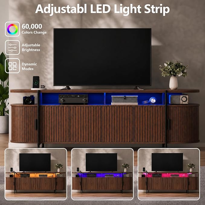 69" Mid Century Modern TV Stand, Curved Entertainment Center with LED Light & Power Outlet, Fluted Wood TV Stand for TVs up to 80'',Media TV Console Table with Sliding Doors for Living Room, Walnut