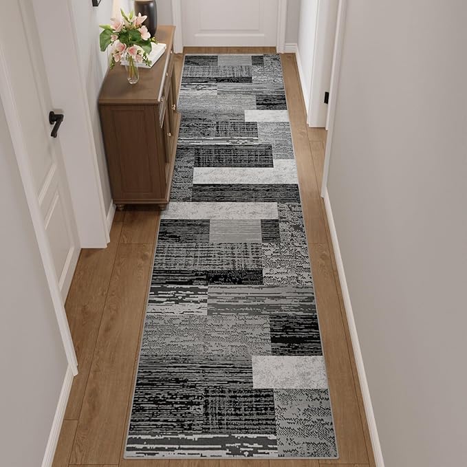 FlyDOIT Modern Geometric Patchwork Runner Rug, 2.7x10 Grey Runners for Hallways Non Slip, Washable Indoor Bedside Rugs for Bedroom, Floor Throw Carpet Runners for Entryway Kitchen Bathroom Laundry