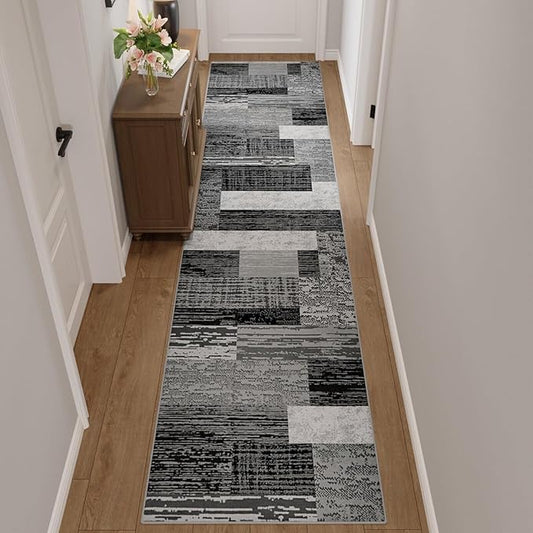 FlyDOIT Modern Geometric Patchwork Area Rug, 2.7x8 Grey Runner Rugs for Living Room, Rockwood Collection Indoor Rugs for Bedroom, Throw Carpet Floor Decor for Entryway Dining Room Office Nursery