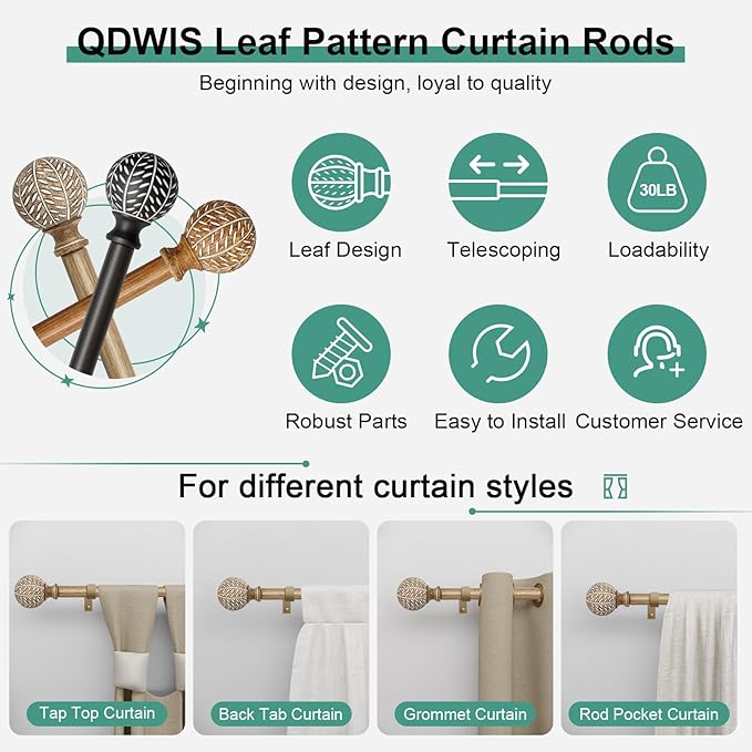 QDWIS Wood Curtain Rods for Windows 72 to 144 Inch,1'' Diameter Drapery Rods with Imitation Wood Grain Leaf Pattern Finials,Boho Adjustable Heavy Duty Curtain Rods Set,36-150'',Color:Weathered Wood