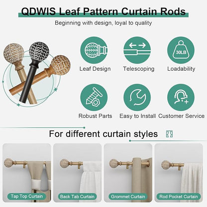 QDWIS Wood Curtain Rods for Windows 72 to 144 Inch,1'' Diameter Drapery Rods with Imitation Wood Grain Leaf Pattern Finials,Boho Adjustable Heavy Duty Curtain Rods Set,36-150'',Color:Weathered Wood