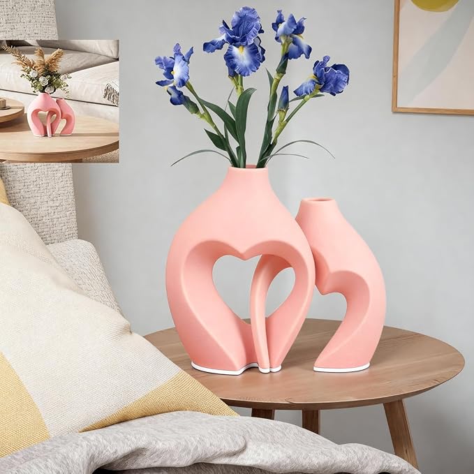 Zormon Pink Heart Shaped Ceramic Vases Set of 2, Modern Nordic Minimalist Flower Vases for Home Decor, Hollow Aesthetic Vases for Living Room, Shelf, Table, Office and Wedding Centerpieces
