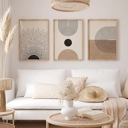 Mid Century Modern Wall Art Set of 3 Neutral Boho Art Prints Abstract Geometric Wall Art Picture Black Beige Minimalist Painting Canvas Artwork for Living Room Bedroom 24x36 Inch UNFRAMED