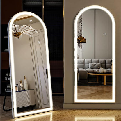LED Arched Full Length Mirror with Lights 65"x26" - Lighted Floor Mirror with Dimming & 3 Color Lighting, Aluminum Frame Standing Leaning or Hanging for Bedroom Cloakroom White