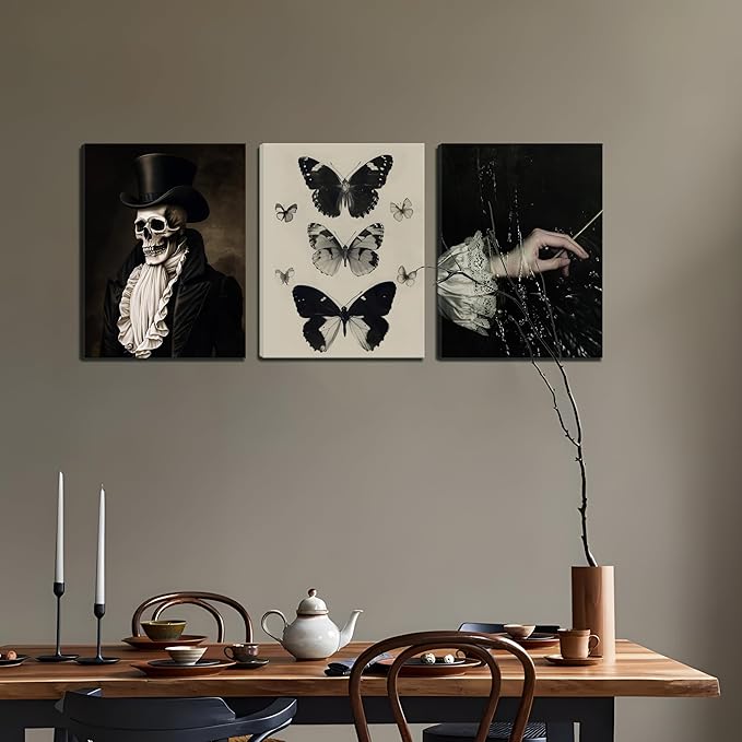 Dark Academia Wall Art, Moody Gothic Canvas Prints Wall Decor Paintings, Victorian Creepy Skull and Moth Posters Pictures Artwork for Bedroom Living Room 12x16 Inch Framed