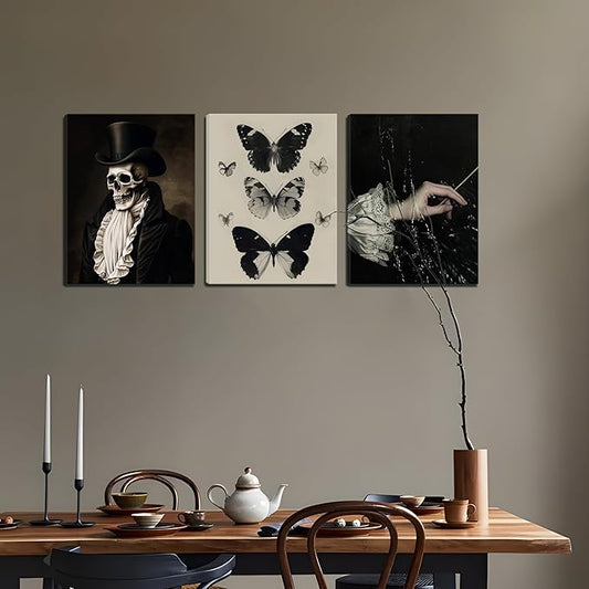 Dark Academia Wall Art, Moody Gothic Canvas Prints Wall Decor Paintings, Victorian Creepy Skull and Moth Posters Pictures Artwork for Bedroom Living Room 12x16 Inch Framed