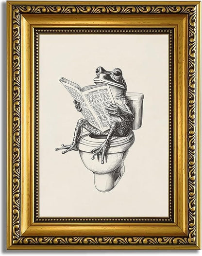 YD&YZY Gold Framed Funny Bathroom Frog Wall Art Canvas Frog on Toilet Reading Newspaper Wall Decor Unique Cute Animal Painting Picture Print for Bedroom Bathroom 8x10 inch Small Framed