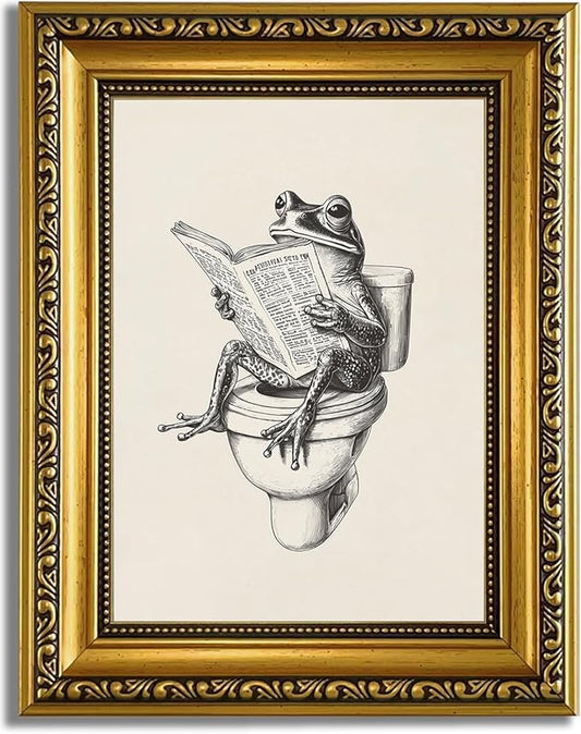 YD&YZY Gold Framed Funny Bathroom Frog Wall Art Canvas Frog on Toilet Reading Newspaper Wall Decor Unique Cute Animal Painting Picture Print for Bedroom Bathroom 8x10 inch Small Framed